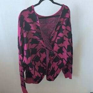 Ashley Stewart Pink and Black Geometric Cardigan With Cross Back
